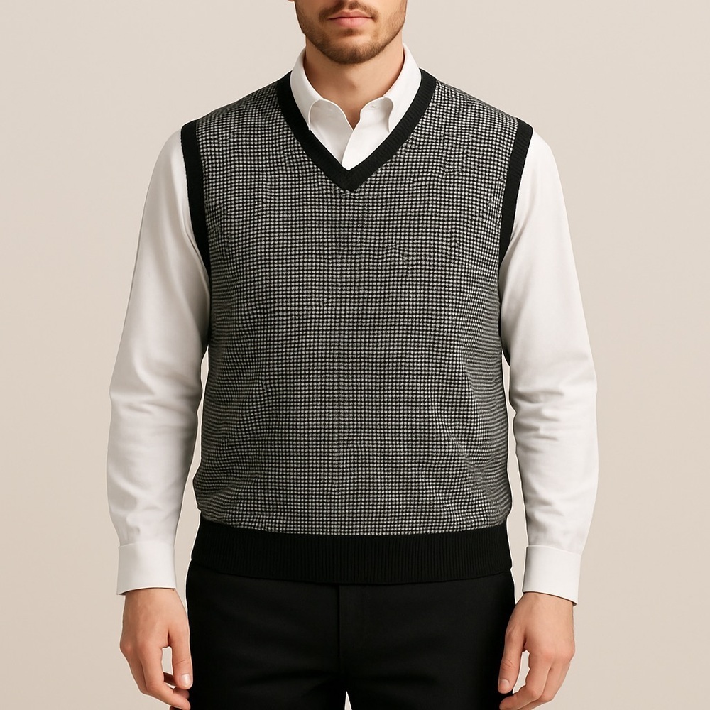 Eddie Bauer 100% Fine Merino Wool Black and Gray Houndstooth Sweater Vest Size X
